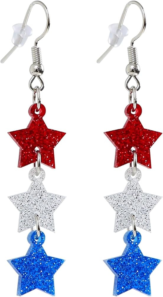 4th of July Earrings for Women Glitter Star Drop Dangle Earrings Patriotic American Flag Independ... | Amazon (US)