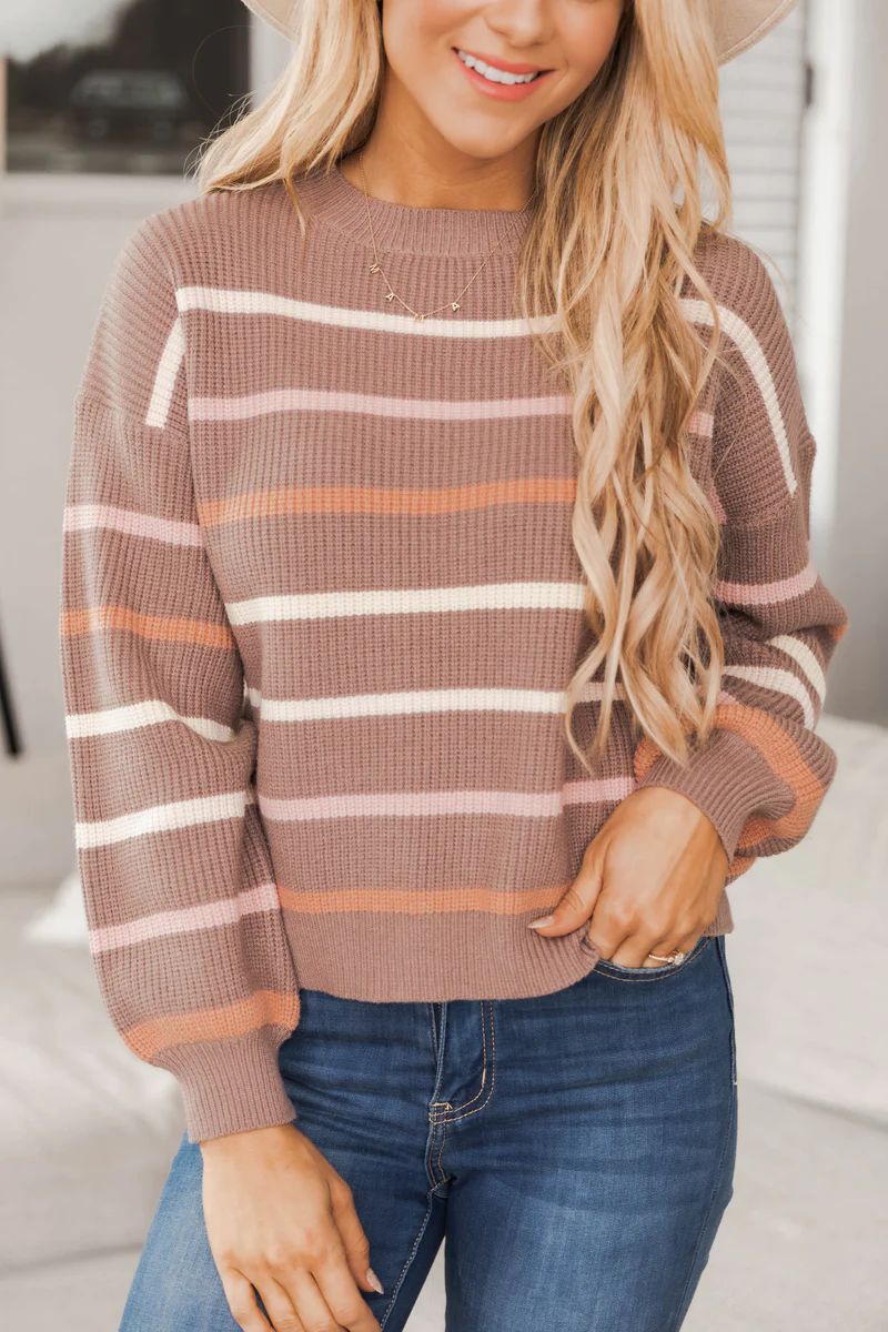 Fireside Dreaming Striped Mocha Sweater | The Pink Lily Boutique