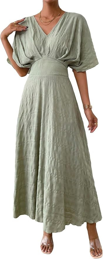 Floerns Women's V Neck Half Sleeve Ruched Cocktail Evening A Line Long Dress | Amazon (US)