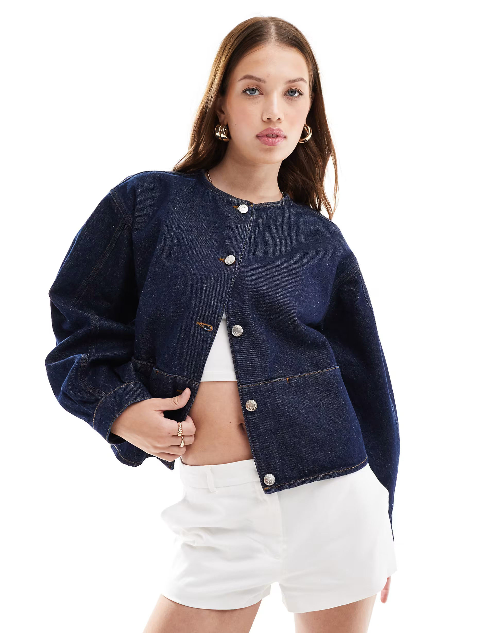 ASOS DESIGN denim collarless jacket in indigo | ASOS (Global)