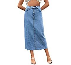 Long Denim Skirts for Women Maxi Paperbag High Waist Frayed Raw Hem A line Flare Jean Skirt with ... | Amazon (US)