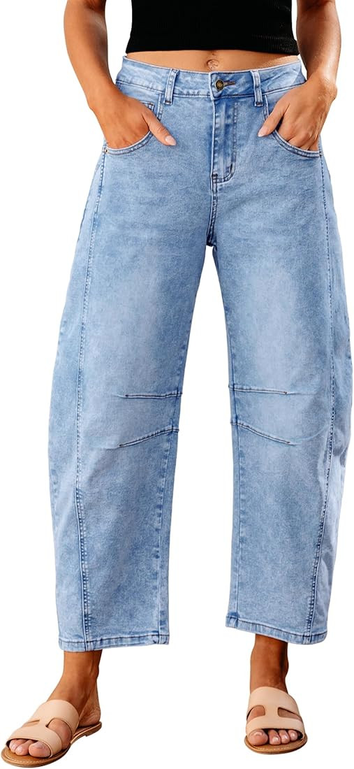 GRAPENT Barrel Jeans for Women Trendy High Waisted Wide Leg Baggy Cropped Relax Fit Stretch Denim... | Amazon (US)
