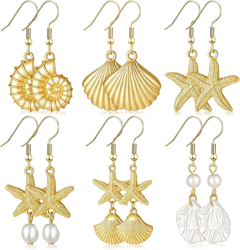Tondiamo 6 Pairs Beach Earrings Set for Women Seashell Starfish Clam Conch Earrings Gold Summer O... | Amazon (US)