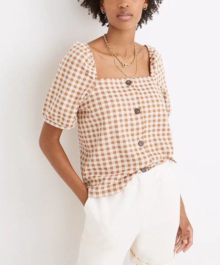 Saddle Brown & White Gingham Square-Neck Puff Sleeve Button-Up Top - Women | Zulily