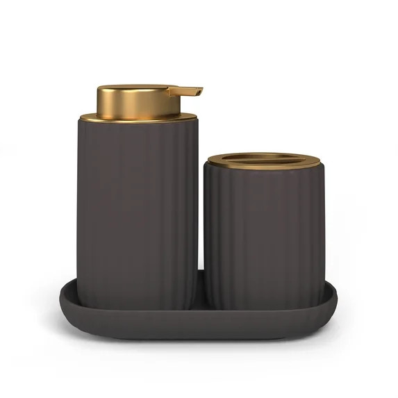 Beautiful Fluted Stoneware Bath Accessories 3-Piece Set by Drew Barrymore, Charcoal Gray | Walmart (US)