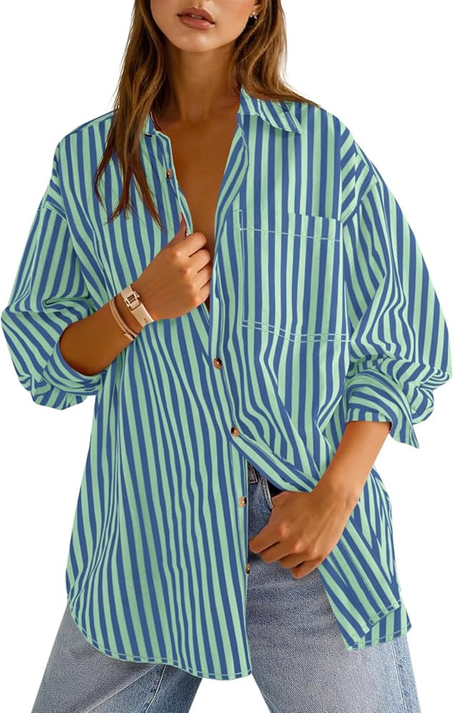 Cicy Bell Womens Oversized Striped Button Down Shirts Boyfriend Long Sleeve Collared Work Blouses | Amazon (US)
