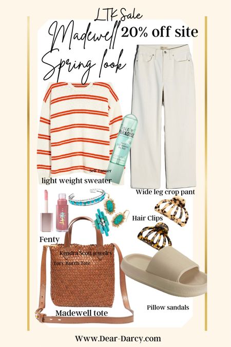 Madewell insider LTK in app  20% off site wide!

Here are some of our favorite pieces for Spring✔️ 

I created some outfits  via canvas of these pieces sharing on blog/Pinterest and here on Ltk for inspo!

Sweater striped , 
you’ll wear on repeat.

Great wide leg crop cream

Dior lip oil 

Affordable hair clips

Turquoise jewelry by Kendra Scott 

The perfect tote, 

Viral pillow sandals under $30

My favorite self Tanner by isle of paradise 

Amazon earrings $10

Sunglasses 