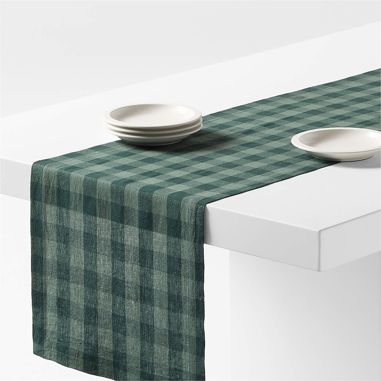 Marin 120" Spruce Green Buffalo Check EUROPEAN FLAX -Certified Linen Table Runner + Reviews | Cra... | Crate & Barrel