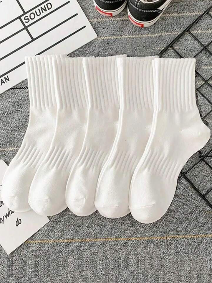 5pairs White Women's Spring And Autumn Casual Mid-calf Socks, Versatile Style For Couples | SHEIN