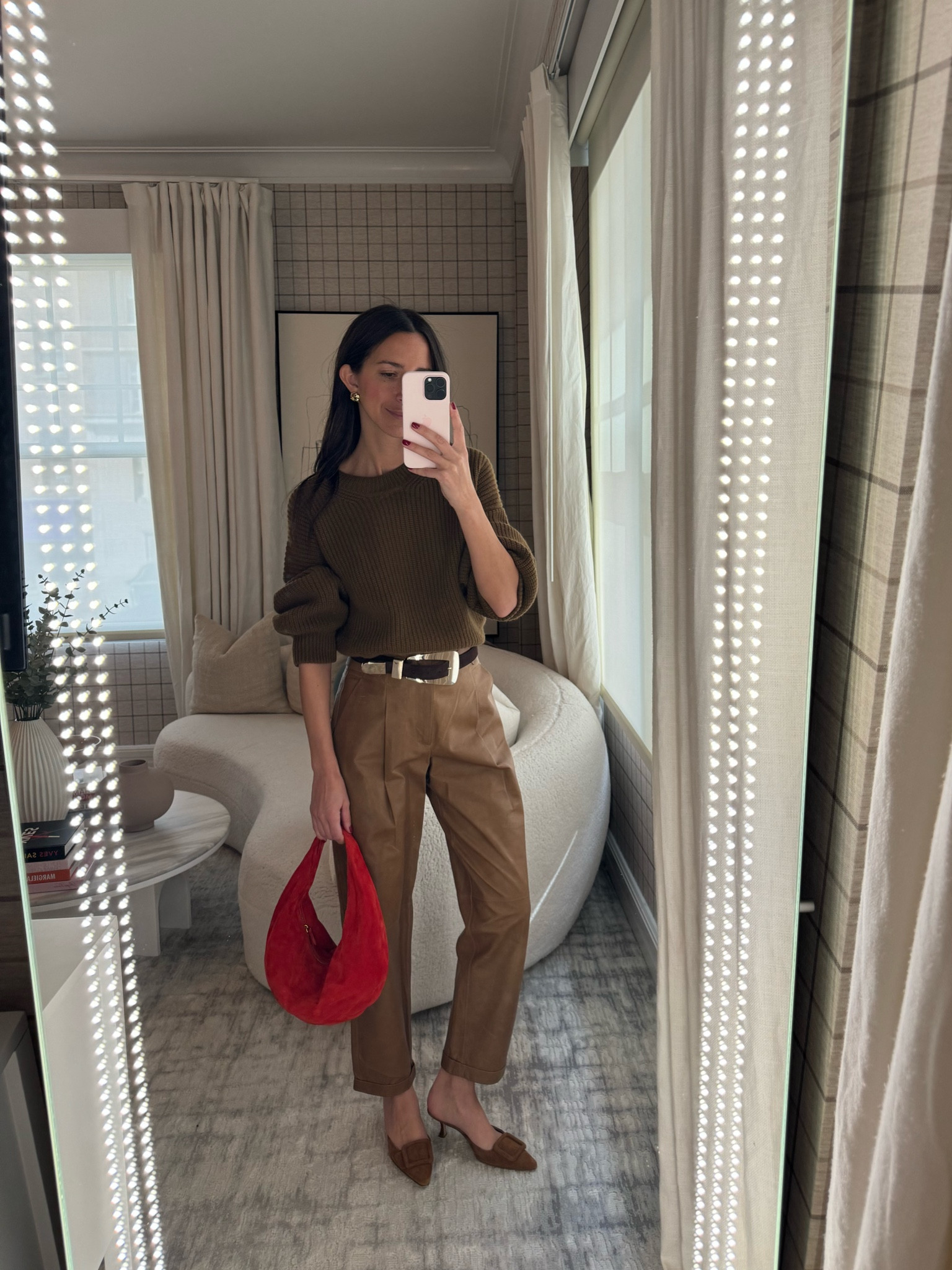 STYLE SESSION: Monochromatic look with leather pants. Sweater is the row but linked similar!