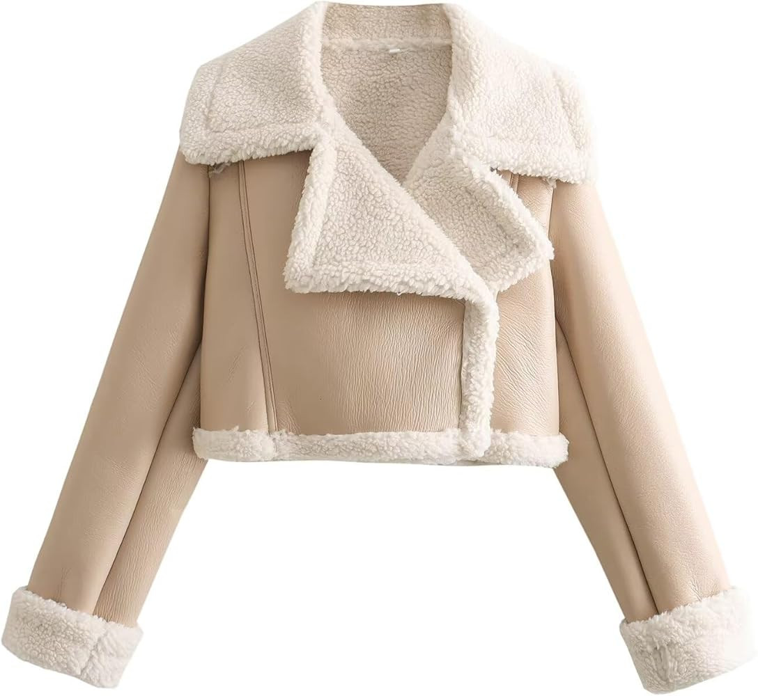 utcoco Womens Leather Jacket Faux Fur Moto Jacket Winter Trench Coat Cropped Shearling Jacket | Amazon (US)