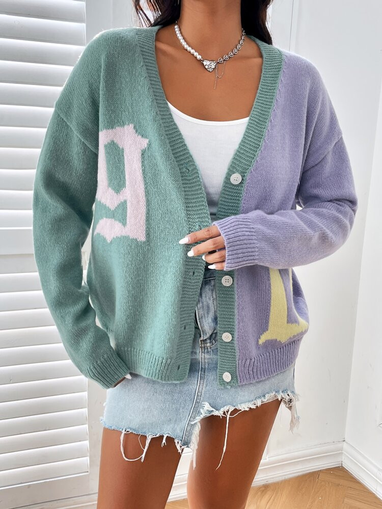 Colorblock Letter Pattern Button Front Drop Shoulder Cardigan | SHEIN