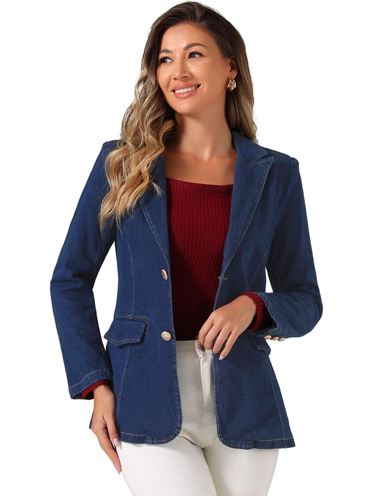 Allegra K Notched Lapel Blazer for Women's Denim Single Breasted Shoulder Pad Business Casual Jac... | Amazon (US)