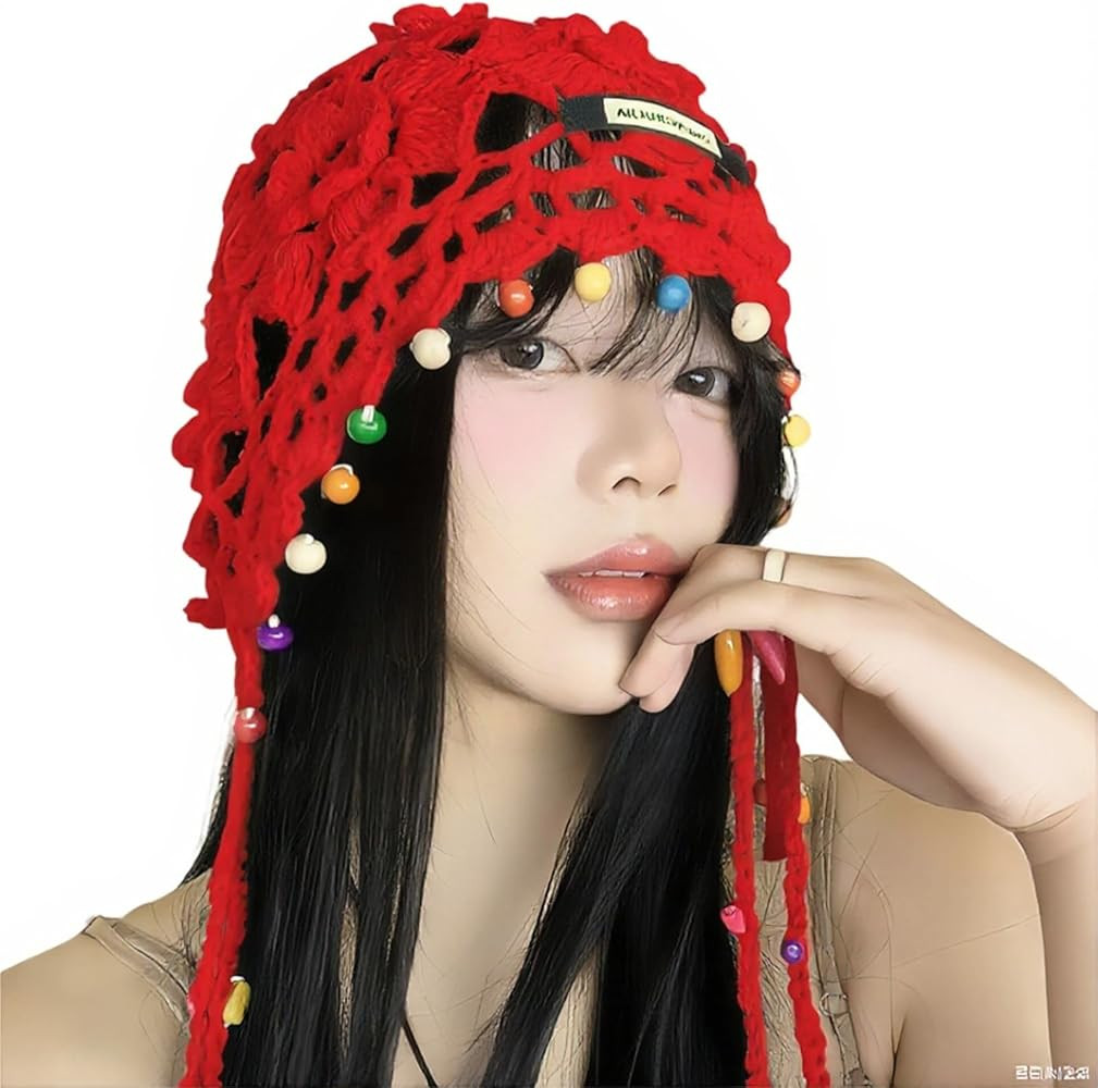 Boho Crochet Hat for Women – Summer Knit Cap with Colorful Beads & Strings Cute Tassel Ear Bean... | Amazon (US)