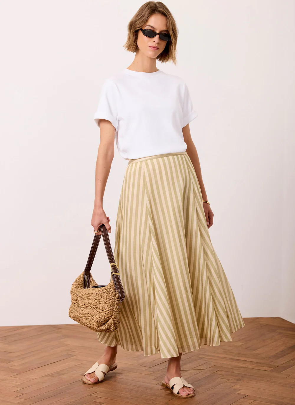 Green Striped A Line Midi Skirt | Mint Velvet