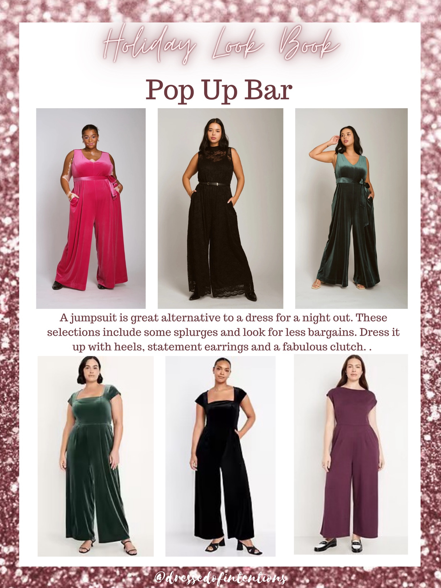 A jumpsuit is great alternative to a dress for a night out. These selections include some splurges and look for less bargains. Dress it up with heels, statement earrings and a fabulous clutch. . 

#LTKHoliday #LTKSeasonal #LTKPlusSize