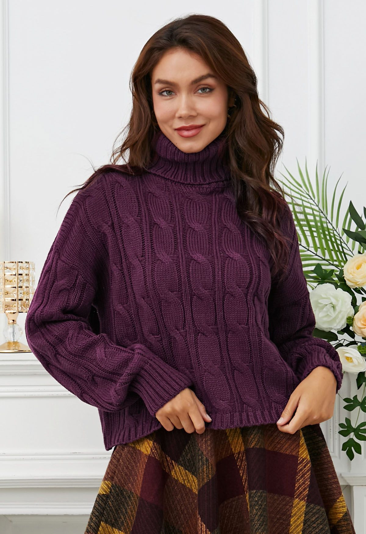 Turtleneck Braid Knit Crop Sweater in Berry | Chicwish