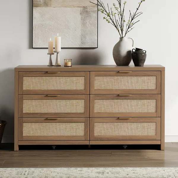 Elegant Right Angled Dresser with 6 Rattan Woven Drawers - Oak - 6-drawer | Bed Bath & Beyond