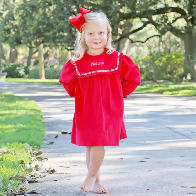 Red Corduroy Bib Long Sleeve Dress | Classic Whimsy