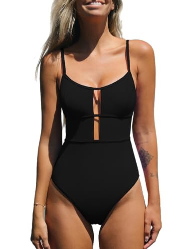 CUPSHE Women's One Piece Swimsuit Scoop Neck Adjustable Straps Cutout Back Self Tie Bathing Suit, XS Black | Amazon (US)