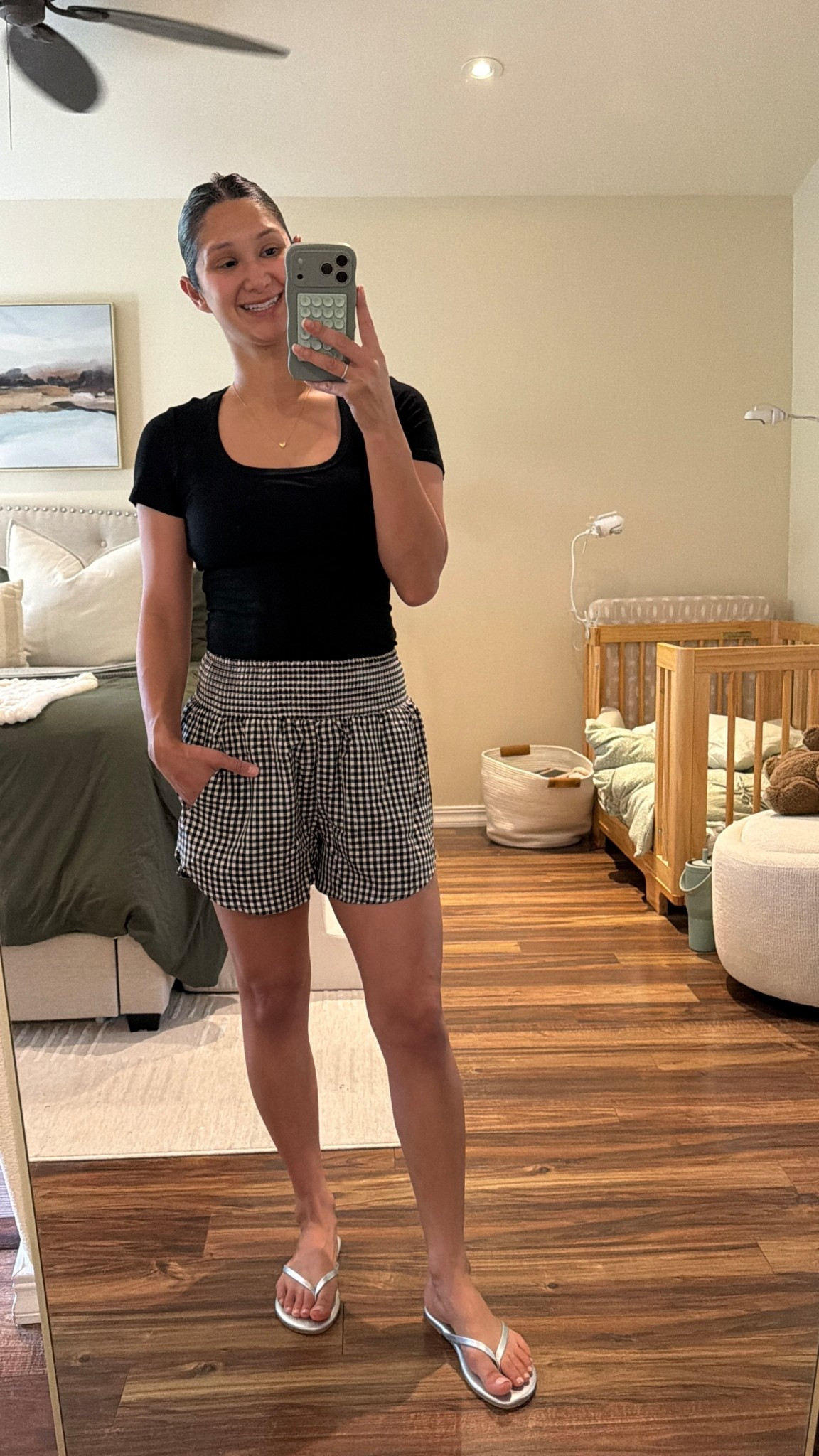 Under $50 outfit that feels elevated but still effortless 🖤

I loved the tan gingham version so much, I had to grab these in black + white too. They’re lightweight, easy to throw on, and instantly make you feel a little more put together without trying.

Styled with a black short sleeve tee and my new under-$20 silver flip flops (a fun switch from my usual neutrals ✨)

You can easily dress this up with baller flats + a black or silver crossbody.

Sizing:
Shorts: Small
Top: Small
Sandals: True to size

Follow me here and on IG @_TheApplause for more effortless, budget-friendly style that still feels dressed enough.

#LTKdayinmylife #LTKootd #LTKmomlife
