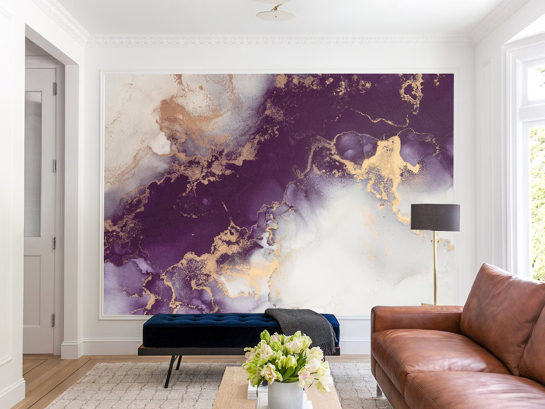 Purple and Pink Wallpaper Marble & Watercolor Mural Print Wall Decor Modern Art Gold Alcohol Ink ... | Etsy (US)