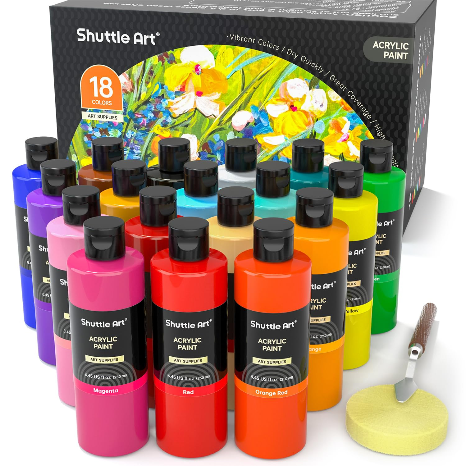Shuttle Art 18 Colors Acrylic Paint Bottle Set (250ml/8.45oz), Rich Pigmented Bulk Painting Suppl... | Amazon (US)