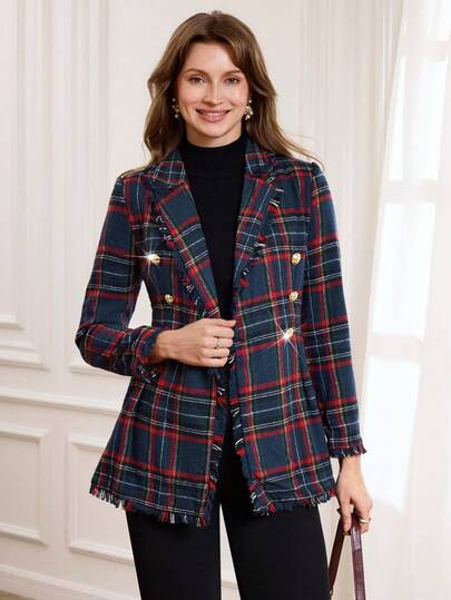 SHEIN LUNE Blazer con cuello de solapa y flecos con estampado de tartán para otoño/invierno | SHEIN