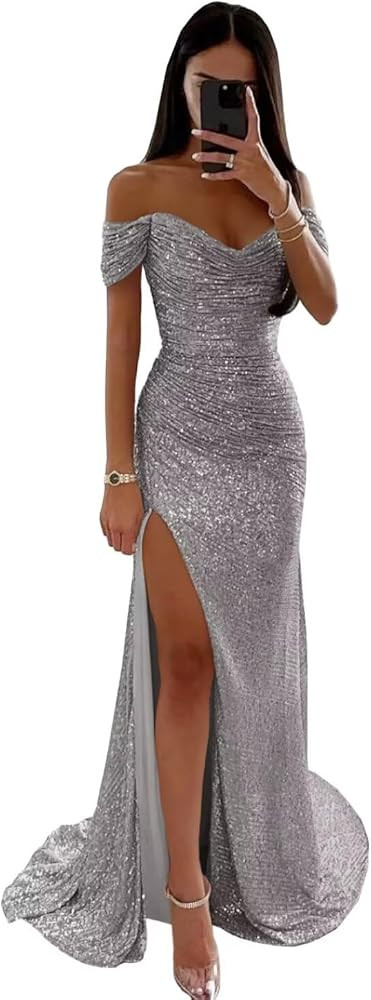 Sequin Mermaid Prom Dresses Sparkly Mermaid Off Shoulder Long Ruched Formal Evening Gowns | Amazon (US)