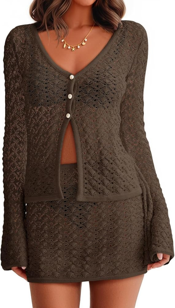 Fisoew Womens Crochet 2 Piece Cover Up V Neck Bell Sleeve Button Cardigan Sheer Mesh Beach Mini S... | Amazon (US)