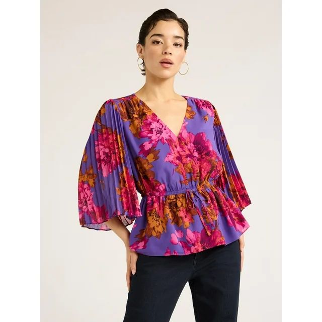 Sofia Jeans Women's and Women's Plus Size V-Neck Top with Pleated Sleeves, XS-5X | Walmart (US)