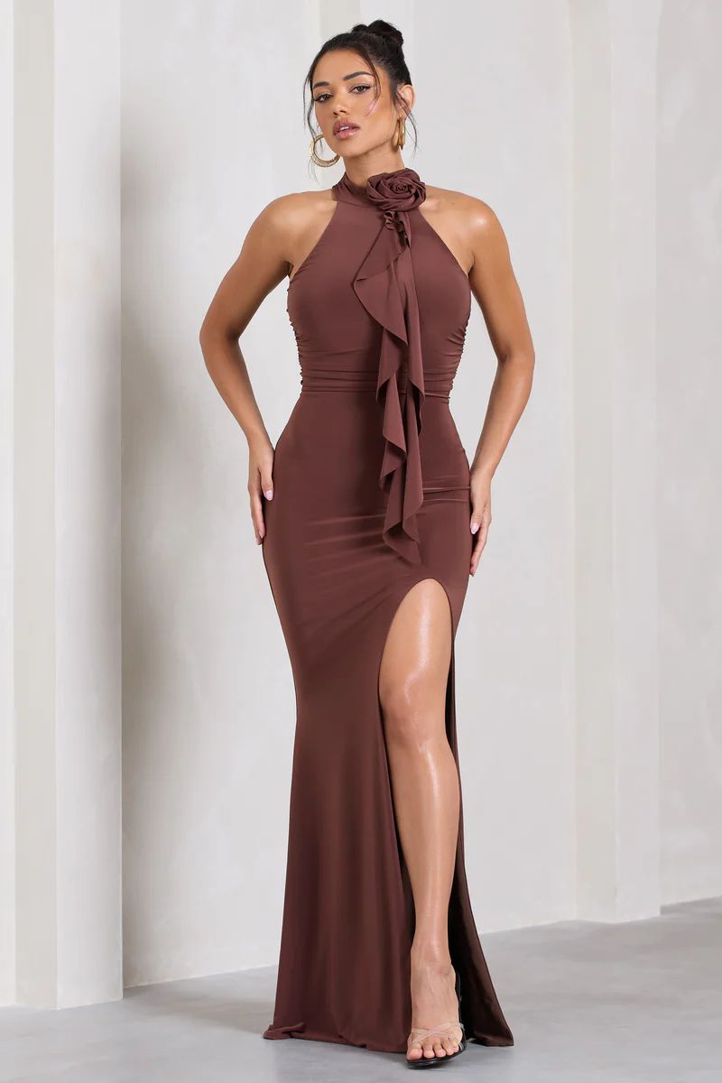 Wanderer | Chocolate Brown Ruched Halter-Neck Split Maxi Dress With Flower | Club L London