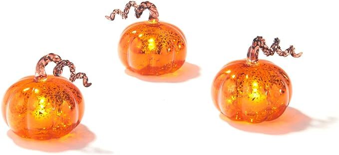 Mini Glass Pumpkins for Decorating - Set of 3 Fall Pumpkin Decorations, LED Lights Inside, Orange... | Amazon (US)