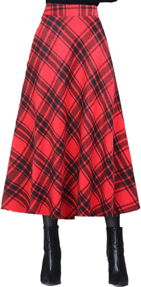 Islis Women's High Waist Zipper Wool Plaid A Line Midi Skirt | Amazon (US)