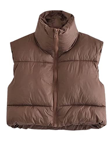 Athlisan Womens Cropped Puffer Vest Zip Up Stand Collar Sleeveless Padded Crop Vests(Brown-M) | Amazon (US)