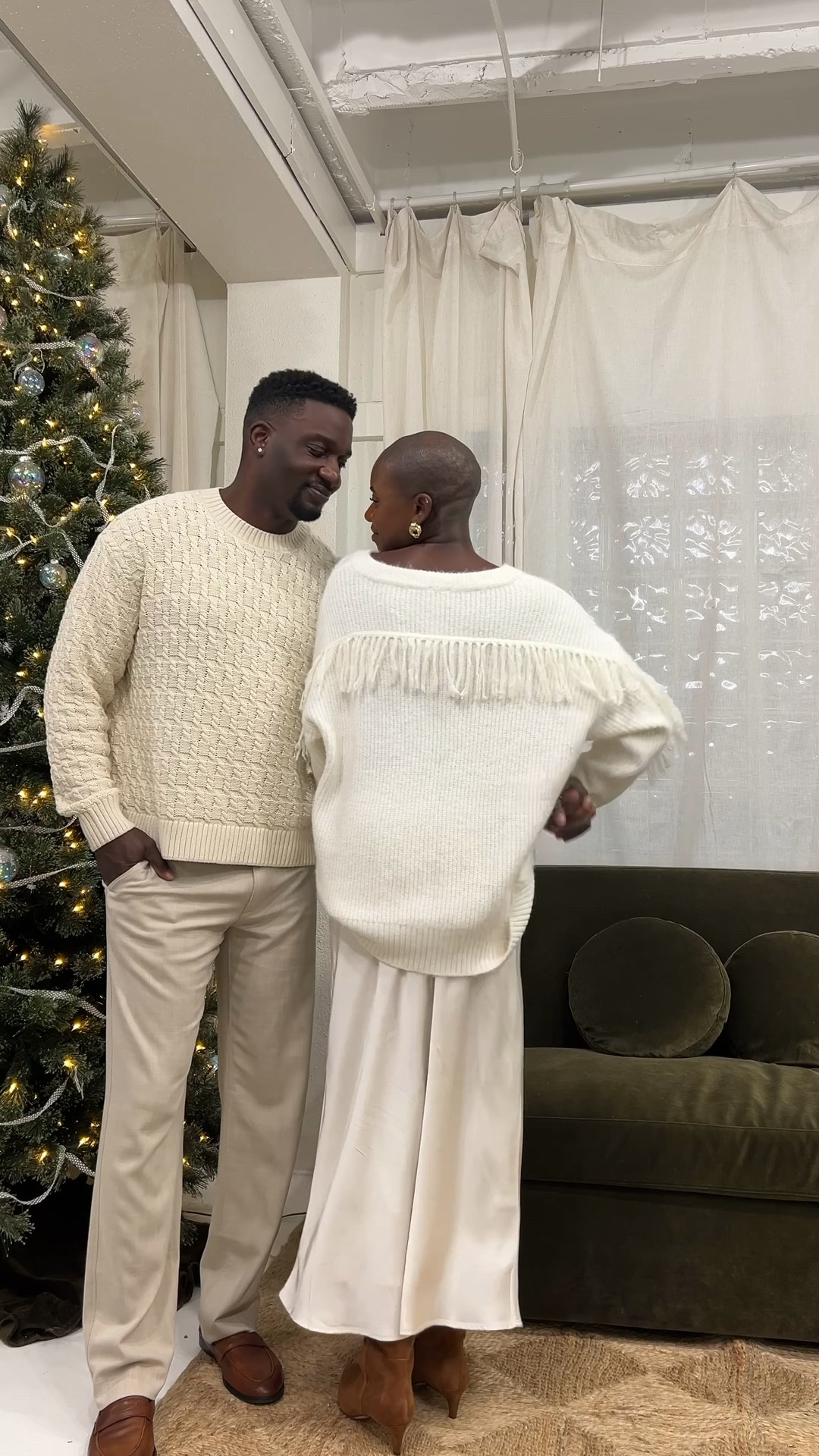 Winter white outfit for couples! Vneck fringe sweater and satin maxi skirt for her and a cable knit sweater with relaxed cream pants  

#LTKHoliday #LTKFindsUnder100