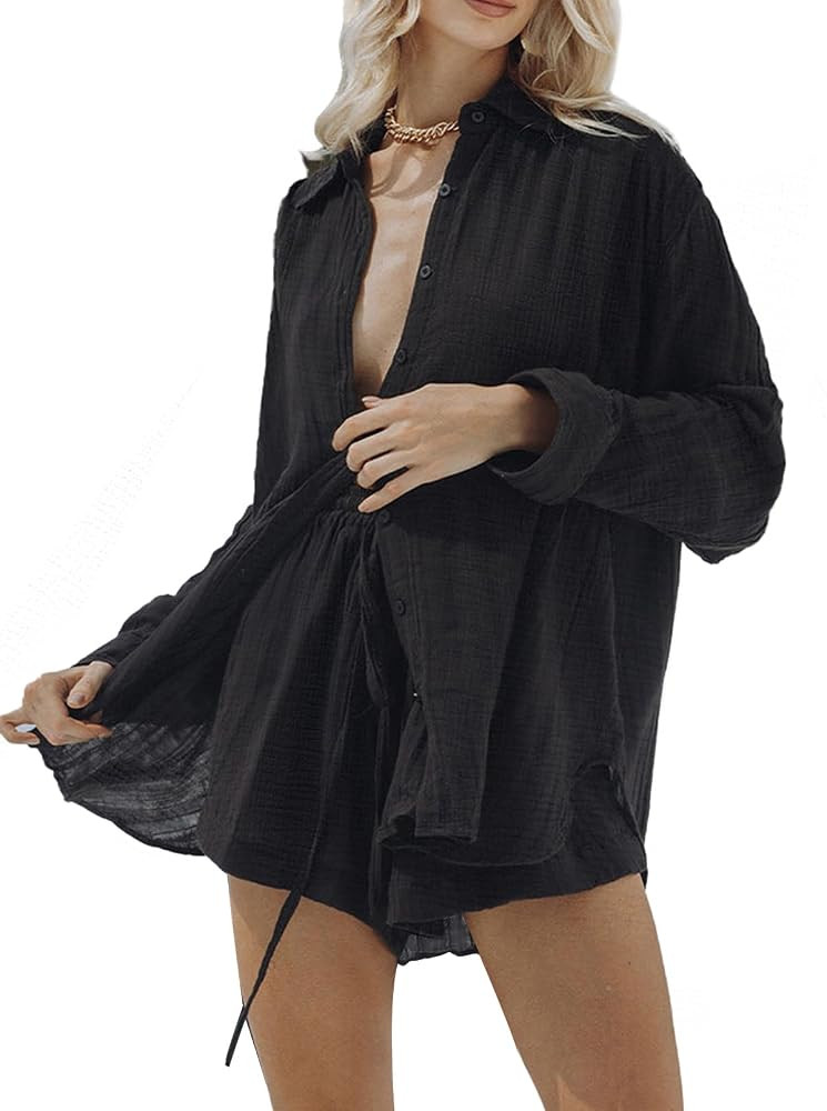 Fixmatti Women 2 Piece Outfits Long Sleeve Button Down Blouse and Shorts Sweatsuit Sets | Amazon (US)
