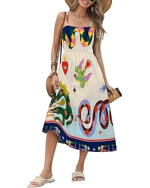 Zeagoo Women's Summer Casual Boho Sundress Spaghetti Strap Square Neck Flowy Midi Dresses A Line ... | Amazon (US)