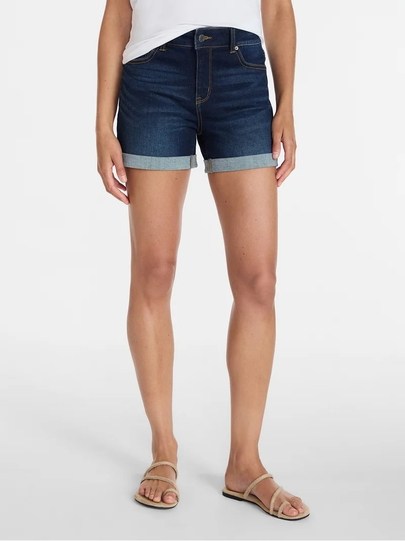 Time and Tru Women's Mid Rise Roll Cuff Denim Shorts, 4" Inseam, Sizes 0-20 | Walmart (US)