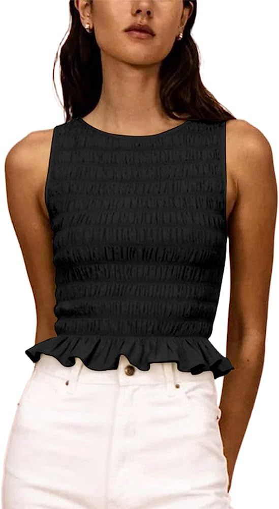 Women Shirred Tank Top Ruffle Sleeveless Tanks Frill Pleated Crewneck Cami Tops Summer Streetwear | Amazon (US)
