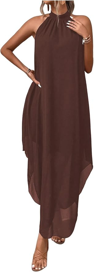 Verdusa Women's Fall Formal Wedding Guest Dress Halter Flowy Sleeveless Asymmetrical Boho Maxi Dr... | Amazon (US)