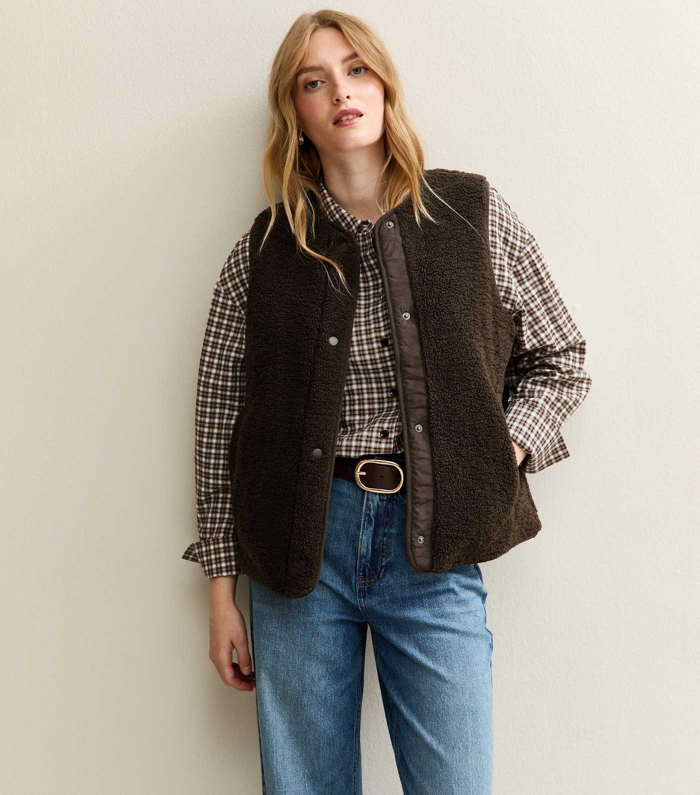 Dark Brown Borg Sleeveless Gilet Jacket  | New Look | New Look (UK)