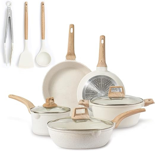 CAROTE Nonstick Pots and Pans Set, White Granite Induction Cookware Sets, 11 Pcs Kitchen Essentia... | Amazon (US)