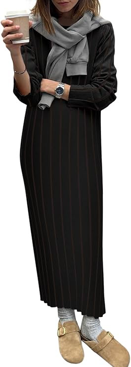 Yousify Womens 2025 Trendy Spring Long Sleeve Sweater Dresses Casual Round Neck Split Hem Striped... | Amazon (US)