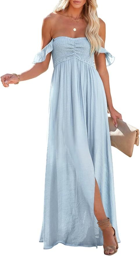 Happy Sailed Women's 2024 Spring Summer Smocked Off The Shoulder Maxi Dresses Ruffle Short Sleeve... | Amazon (US)