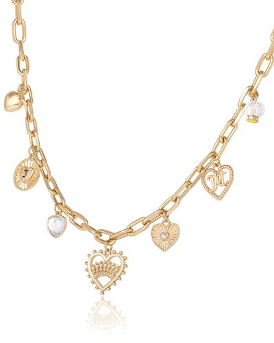 Juicy Couture Heart Necklace for Women 18"+2", Gold-Tone Charm Necklace with 6 Charms, Juicy Gifts | Amazon (US)