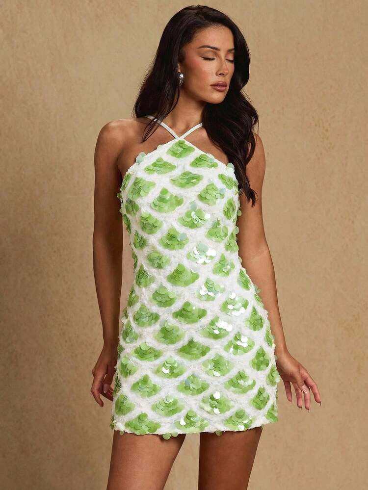 Glamine Women's Sequin Design Fashion Halter Mini Dress | SHEIN