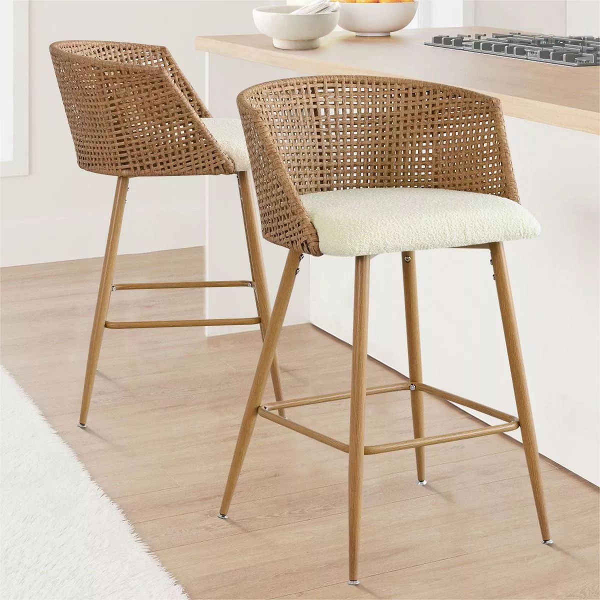 Nice Boucle Counter Stool Set Of 2,Upholstered Rattan Counter Stool,27 Inch Stools With Back for ... | Target