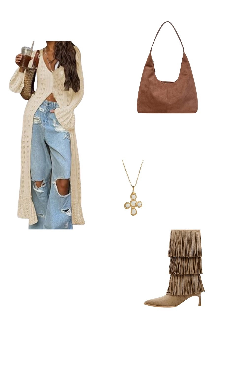 Thanksgiving

Effortlessly cozy and chic, this outfit mixes a long cream knit cardigan with distressed denim for that relaxed boho feel. The suede fringe boots add texture and movement, while the cross pendant necklace and soft brown shoulder bag complete the earthy, free-spirited vibe. Perfect for casual fall days or coffee catch-ups.

#LTKSeasonal #LTKStyleTip #LTKHoliday