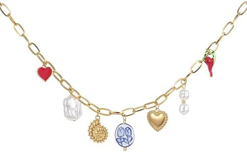 Trendy Stainless Steel Gold Plated Charm Necklace with Heart Pearl Pepper Conch Ceramic Pendant N... | Amazon (US)